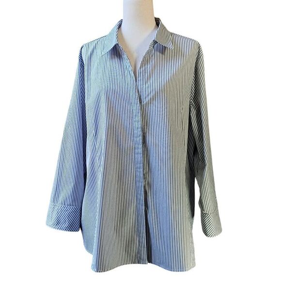 Riders by Lee Tops - RIDERS by LEE Easy Care Button Down Shirt ¾ Sleeve White Black Pinstripe Size 2X